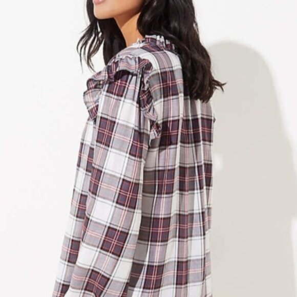 LOFT | Plaid Ruffle Blouse | Red & Charcoal Gray | XL - Picture 2 of 12